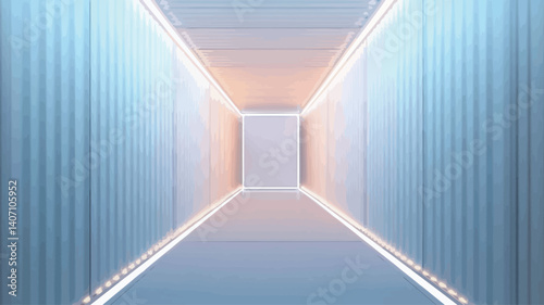 The image depicts a digitally rendered, abstract corridor.  The corridor features parallel vertical lines on either side, creating a sense of depth and perspective.  