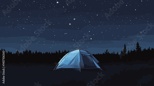 The image shows a single, dome-shaped camping tent situated in a dark, nighttime landscape.  The tent is light blue or grey and appears to be made of a lightweight material