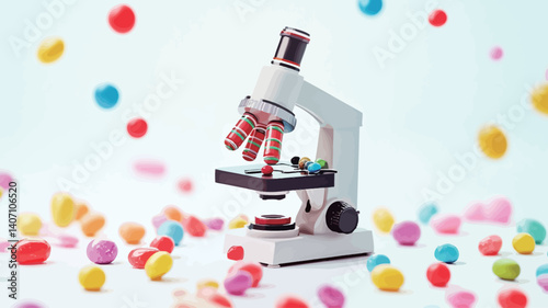 A white microscope is centrally positioned against a white background.  Multicolored spherical objects are scattered around the base of the microscope and float in the air