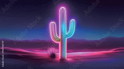 Digital illustration depicting a stylized cactus glowing with neon pink, blue, and green light. The cactus is situated in a desert landscape under a dark, starlit sky