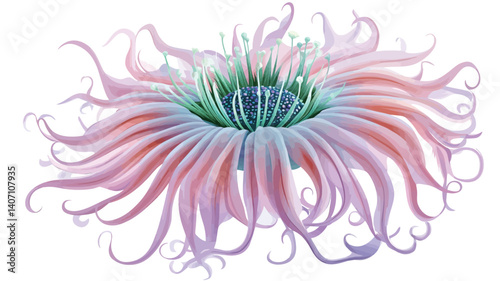 A detailed digital illustration of a sea anemone. The anemone is predominantly pink and teal, with delicate, flowing tentacles radiating outwards from a central disc