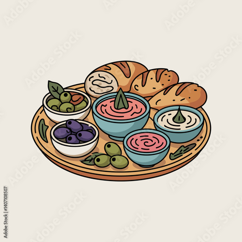 Clean Minimalist Mezze Platter with Dips and Bread
