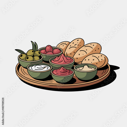 Clean Minimalist Mezze Platter with Dips and Bread