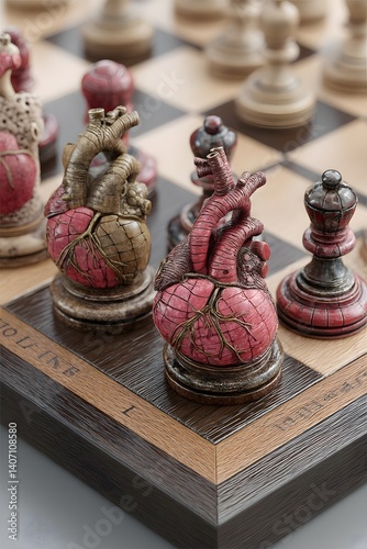 Heart of the Game: A unique chess set features intricately carved chess pieces shaped like anatomical hearts, set upon a custom wooden board, symbolizing strategy, life, and intricate gameplay.