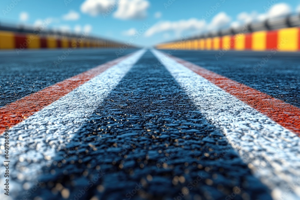 Obraz premium Asphalt surface of the racing track with the blue sky and colorful fences
