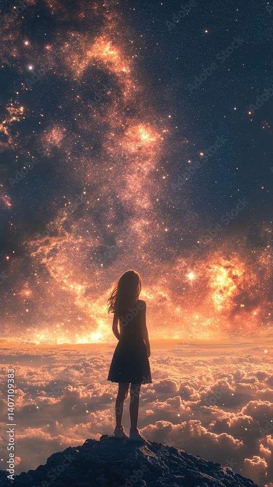 Obraz premium Girl Gazing at the Starry Sky