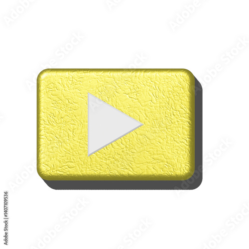 ellow rectangular button with a cracked texture, featuring a centered white play icon