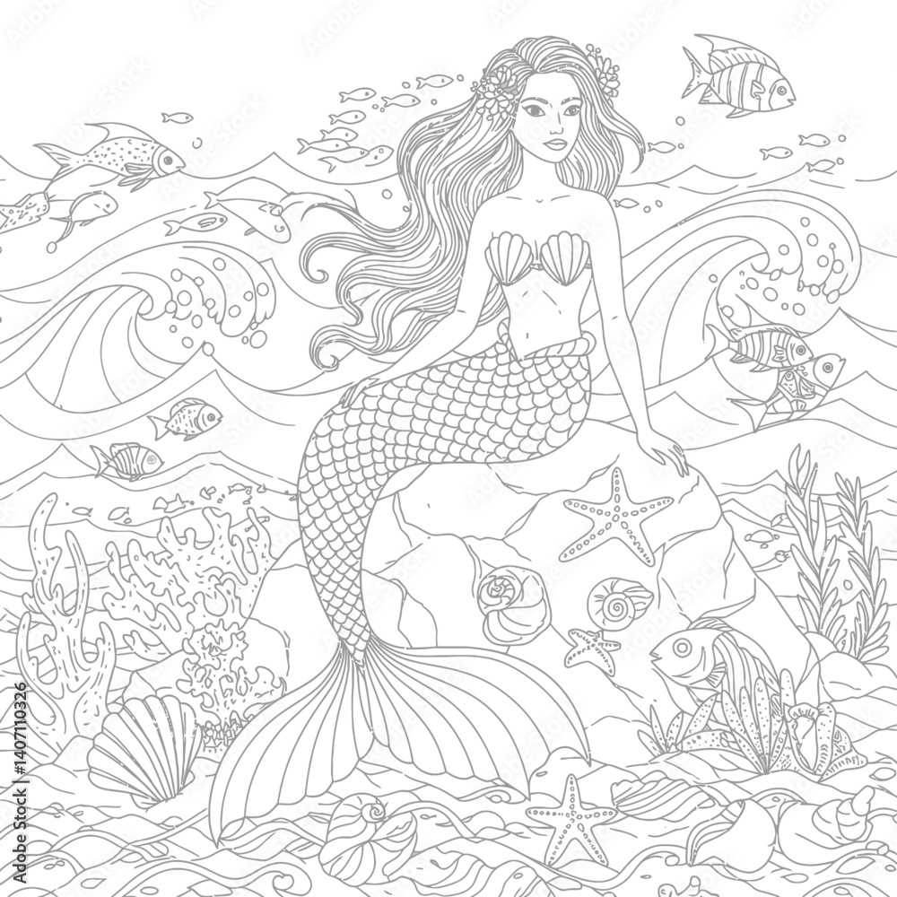 Fototapeta premium Beautiful Mermaid with Scaled Tail and Flowing Hair Resting Gracefully on a Rock Amidst Seashells and Fish