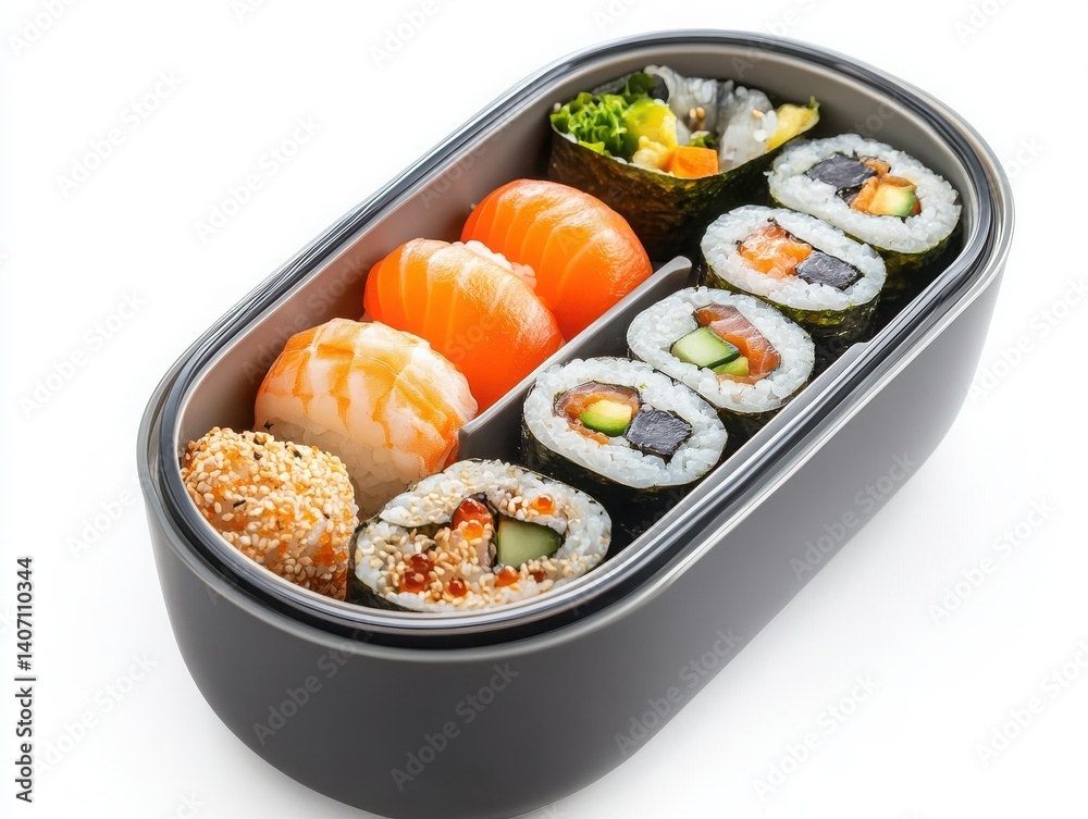 White background showcasing a neatly arranged Japanese bento meal box. White background showcasing a neatly arranged Japanese bento meal box.