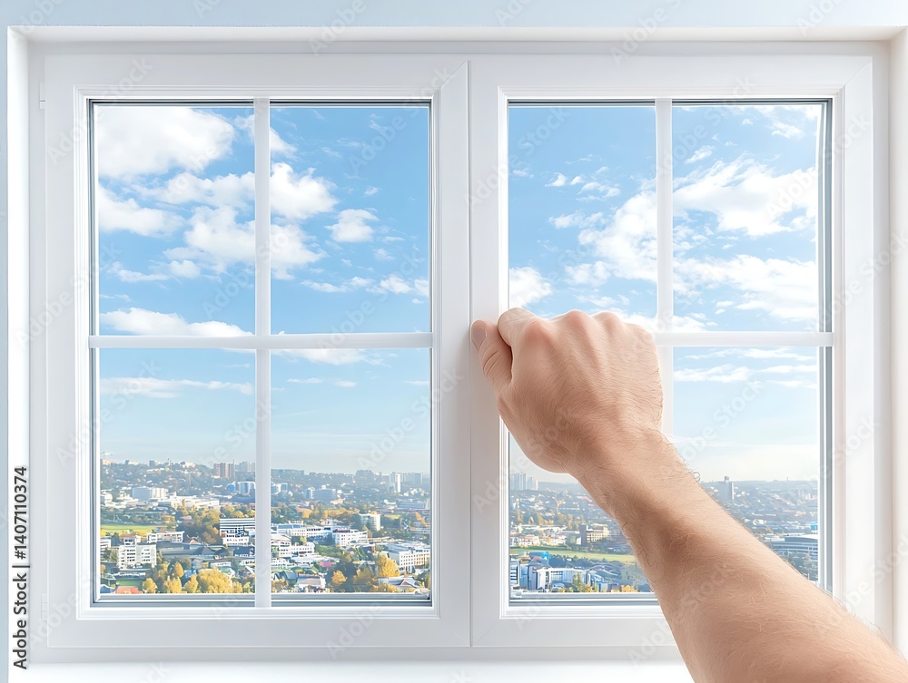 Obraz premium Hand Opens City Window