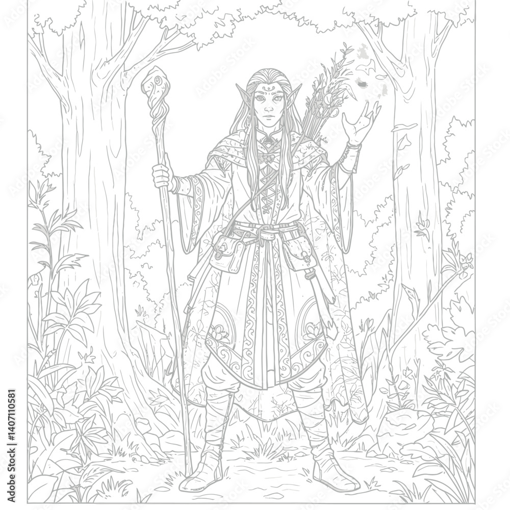 Wise Elven Mage with Distinctive Pointed Ears Wielding an Enchanted Staff Within a Lush Forest Environment