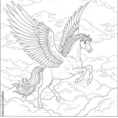 Mythical Winged Horse Pegasus Gliding Effortlessly Above the Cloud Layer Showcasing Impressive Wingspan Mane