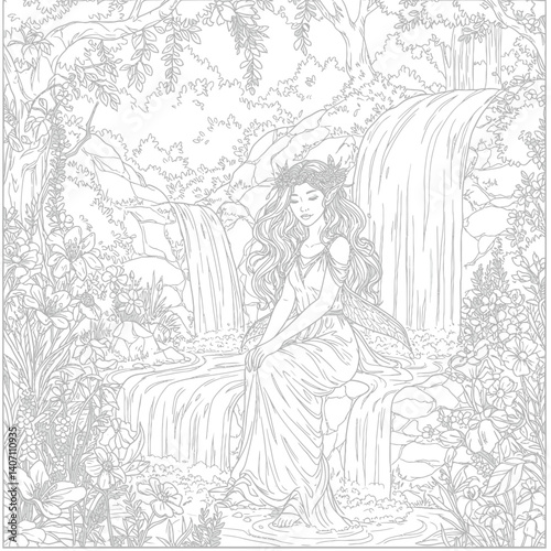 Graceful Woodland Nymph Resting Near a Sparkling Waterfall Amongst Vibrant Wildflowers in a Forest Clearing