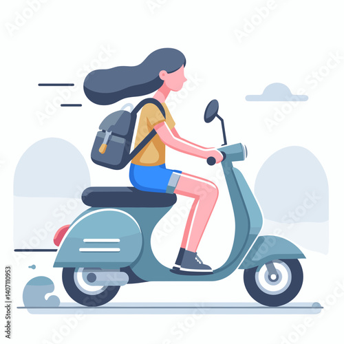 Young woman riding a scooter, feeling free, in a summer vector illustration with soft colors