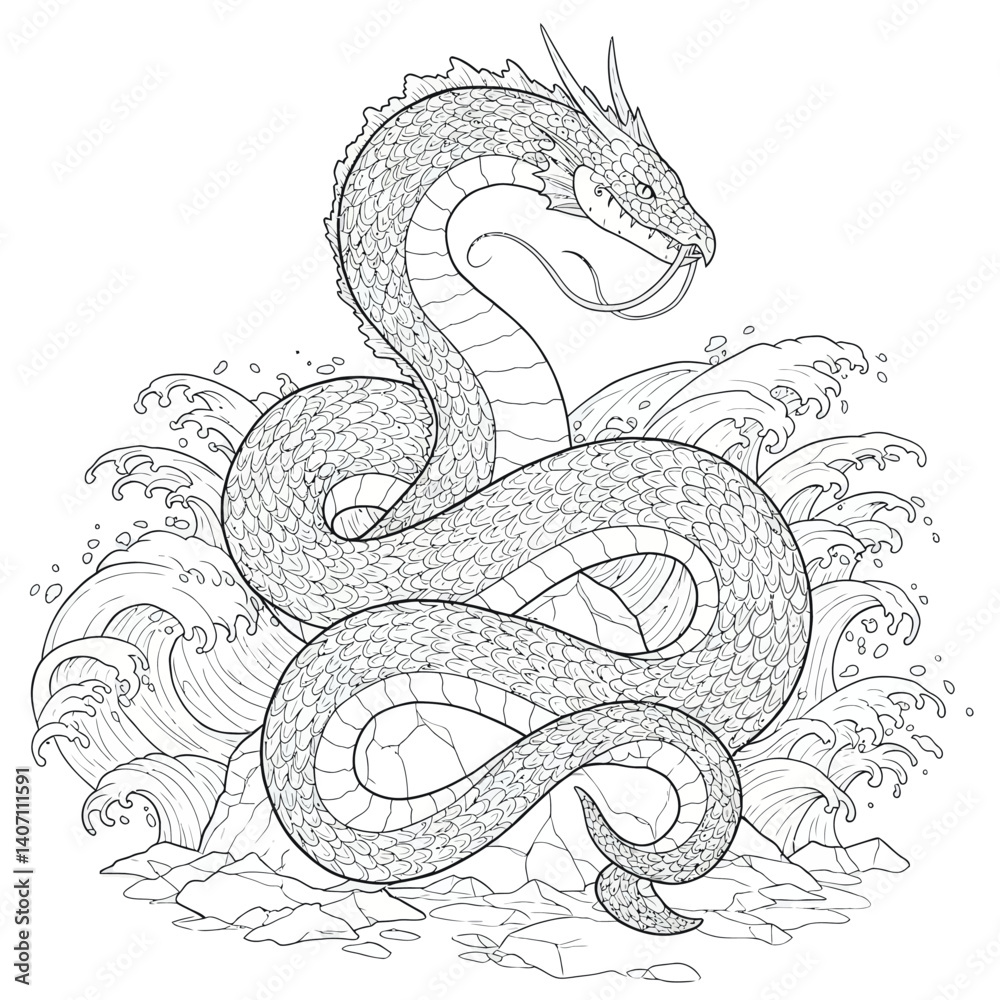 Fototapeta premium Mythological Ocean Serpent Wrapped Securely Around Coastal Rock Formation While Turbulent Waves Pound Nearby