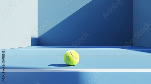 Beautiful minimalist image of a single tennis ball placed on an open blue court with white detail