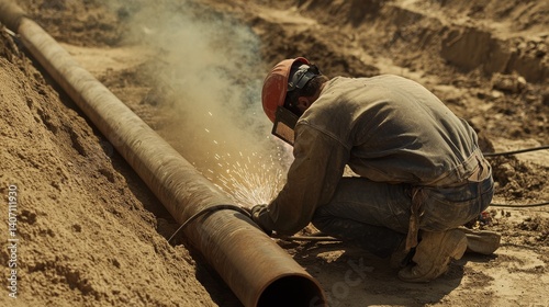 Laborer welding pipes at a construction site. Featuring skill and focus