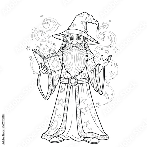Powerful Elderly Wizard Holding an Ancient Spellbook Conjuring Magical Energy Swirls and Glowing Stars Spell