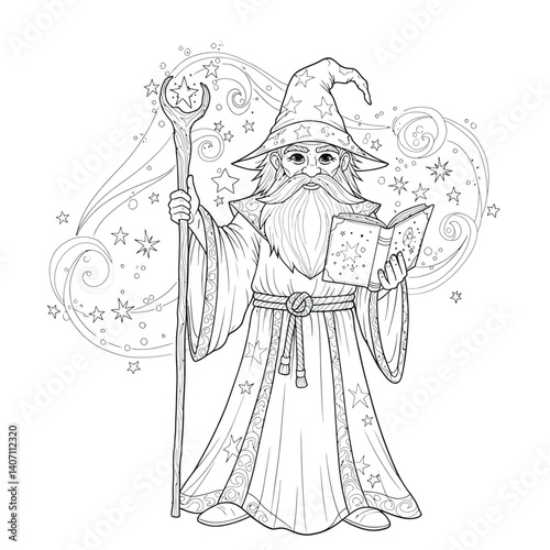 Master Mage Figure Consulting Arcane Tome Engulfed in Mystic Swirling Energies and Bright Starlight Effect