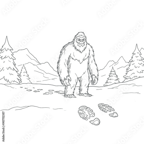 Elusive Abominable Snowman Yeti Standing Tall in a Vast Snowy Landscape Leaving Large Footprints in the Snow