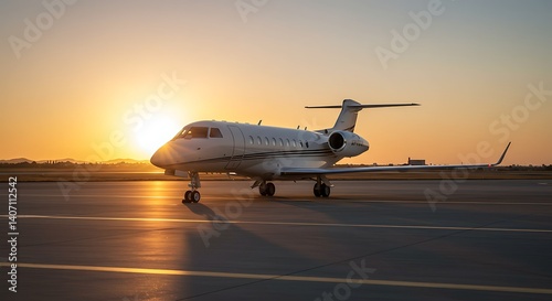 White Private Jet on Airport Runway at Sunset