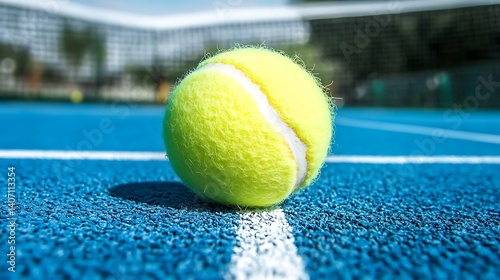 Artistic sports shot showing a lone tennis ball resting on a fresh blue court surface white trim