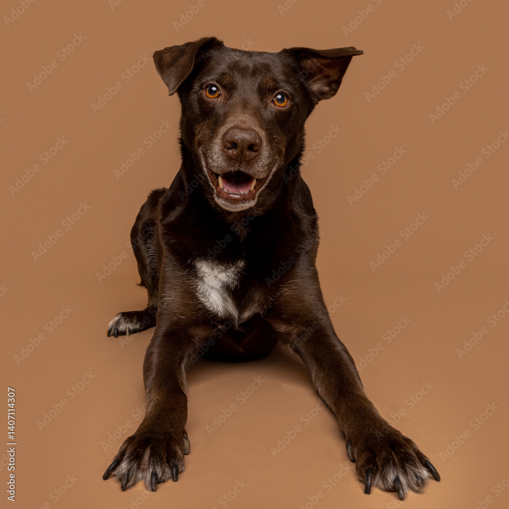 Obraz premium Happy Chocolate Dog Lying Down in Studio with Brown Backdrop