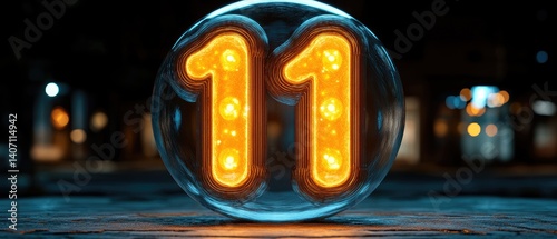 The number eleven glows inside a crystal ball on a city surface, against a dark, blurred background