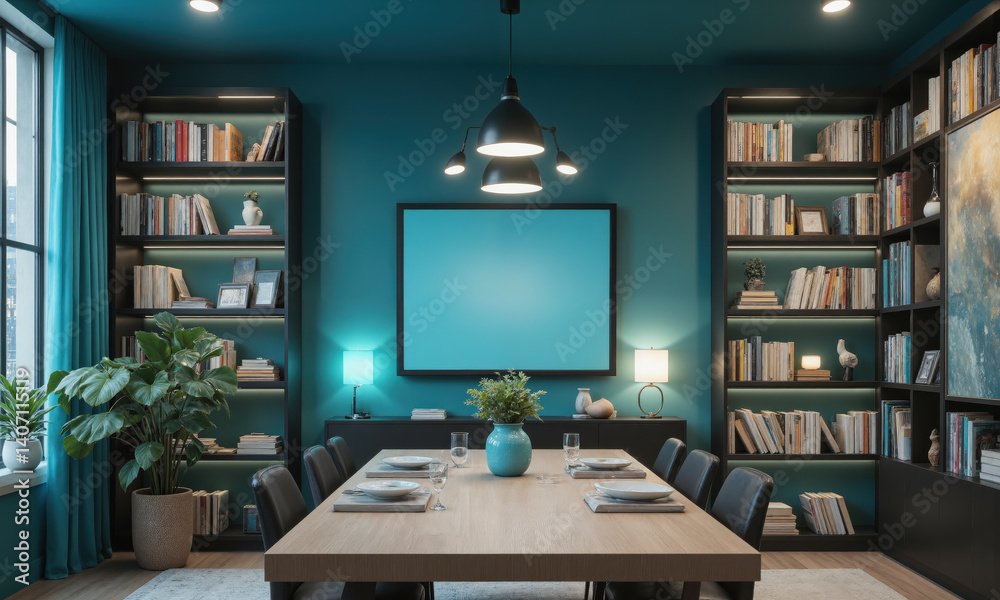 AI-powered home library in electric teal, featuring smart bookshelves that organize books by genre or frequency of use, and interactive AI-powered home library in electric teal, featuring smart bookshelves that organize books by genre or frequency of use, and interactive