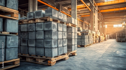 stacked concrete blocks arranged on wooden pallets inside an industrial warehouse highlighting manufacturing processes efficient storage systems and large scale construction material handling