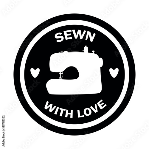 Sewn with Love grocery stamp, logo for dressmaker. Simple black and white logo featuring a sewing machine with heart accents. Emblem for tailored clothing