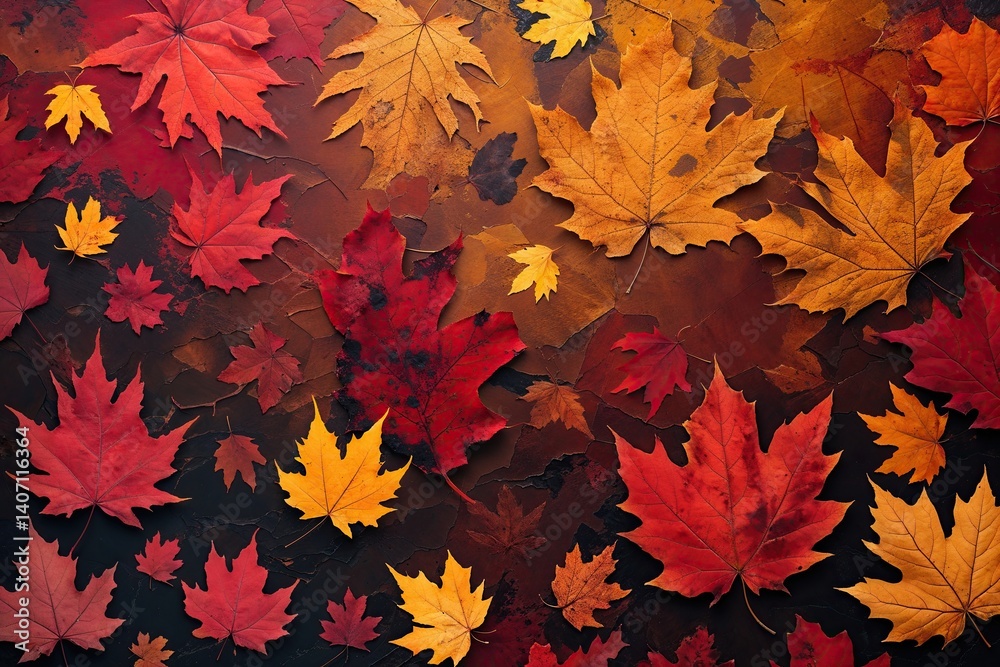 Artistic Fall-Themed Background with Abstract Leaf Patterns and Rugged Texture in Scarlet, Mustard, and Pumpkin Hues Artistic Fall-Themed Background with Abstract Leaf Patterns and Rugged Texture in Scarlet, Mustard, and Pumpkin Hues