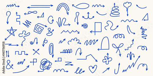 Different trendy vintage Doodle arrows. Minimalistic simple drawing Direction signs. Different shapes. Straight, curly, swirly, round. Hand drawn vector set. All elements isolated