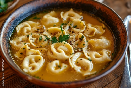 Cappelletti in Brodo in deep bowl, warm broth with filled pasta visible. Concept of comfort food, rich flavors, Cappelletti in Brodo highlights culinary traditions. photo