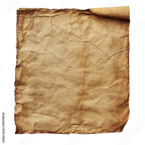 Old brown grunge crumpled paper sheet on transparent or white background.