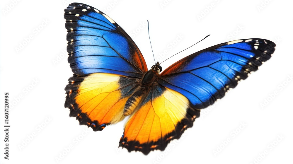 Fototapeta premium isolated butterfly showcasing vibrant shades of blue orange and yellow creating an evocative image symbolizing change beauty and the delicate balance of nature against a pristine white background