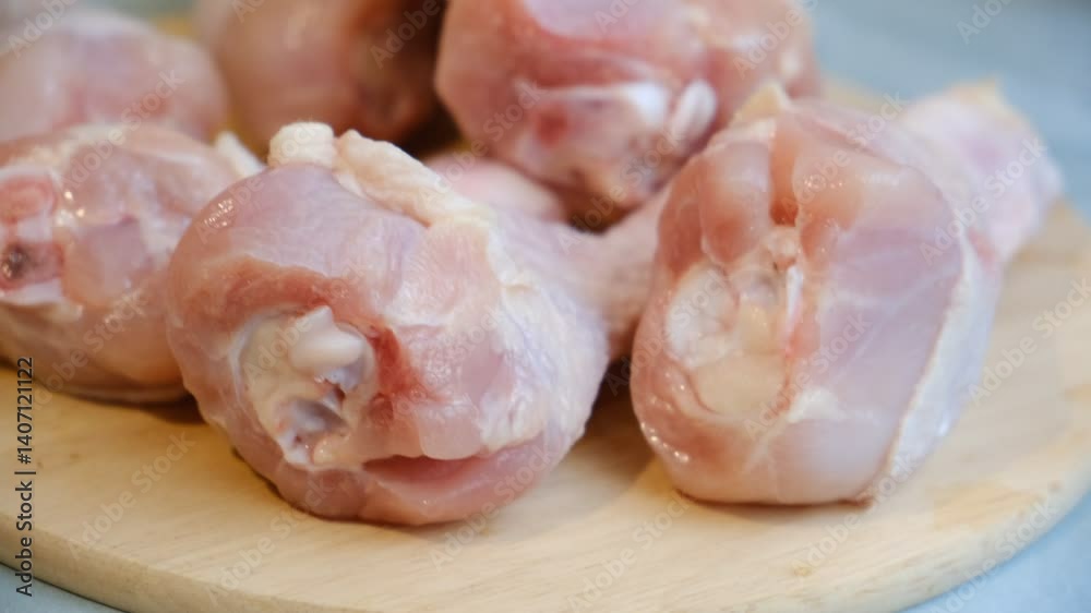 Raw chicken parts meat on wooden board. Chicken thigh. Preparing chicken drumsticks. Close up Raw chicken parts meat on wooden board. Chicken thigh. Preparing chicken drumsticks. Close up