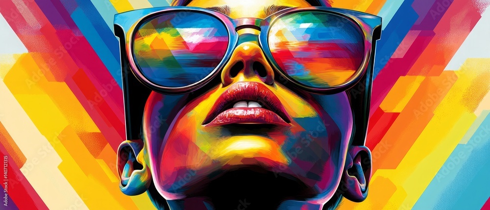 Vibrant abstract portrait of a woman with headphones and geometric patterns - vector.