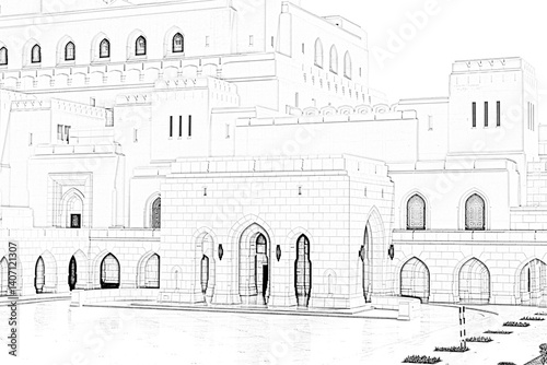 Royal Opera House in Muscat with reflections on polished marble floor in front. Sultanate of Oman