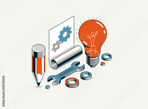 Innovation, invention and solution concept, light bulb with gear vector 3D isometric illustration or icon, technology and technics, mechanical engineering.