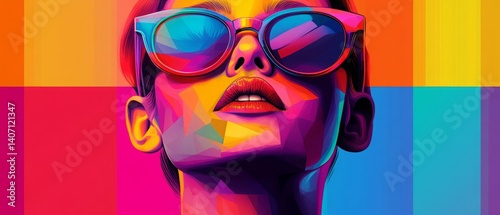 Obraz na płótnie Vibrant abstract portrait of a woman with headphones and geometric patterns - vector w salonie