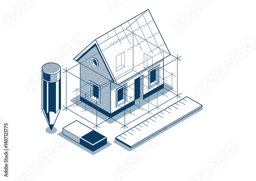 House project concept, 3D isometric vector illustration of a small house building project, construction architectural model, residential family small house.