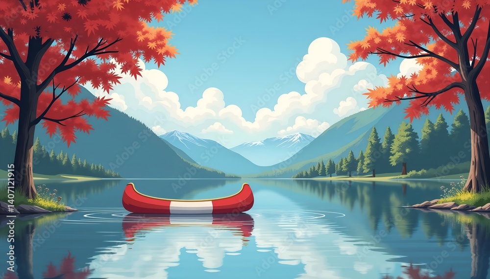 A picturesque landscape with a red and white canoe on a calm lake surrounded by maple trees and mountains, for Canada Day