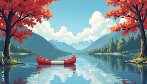 Obraz na płótnie A picturesque landscape with a red and white canoe on a calm lake surrounded by maple trees and mountains, for Canada Day w salonie