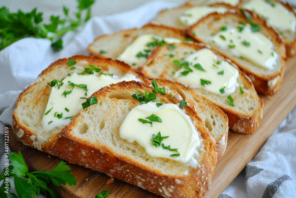 Toasted bread slices with butter and fresh herbs on a wooden board Toasted bread slices with butter and fresh herbs on a wooden board