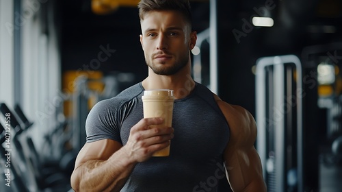 gym fitness concept with man holding protein shake for muscle building exercise recovery sports nutrition and a strong healthy active lifestyle