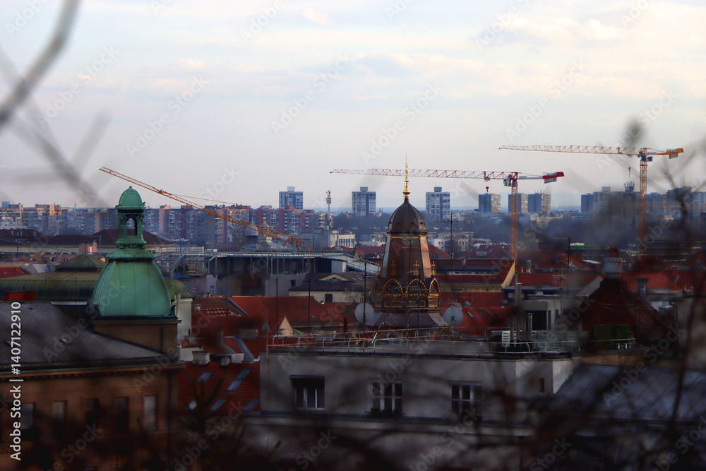 Various historic and contemporary buildings in downtown Zagreb, Croatia.