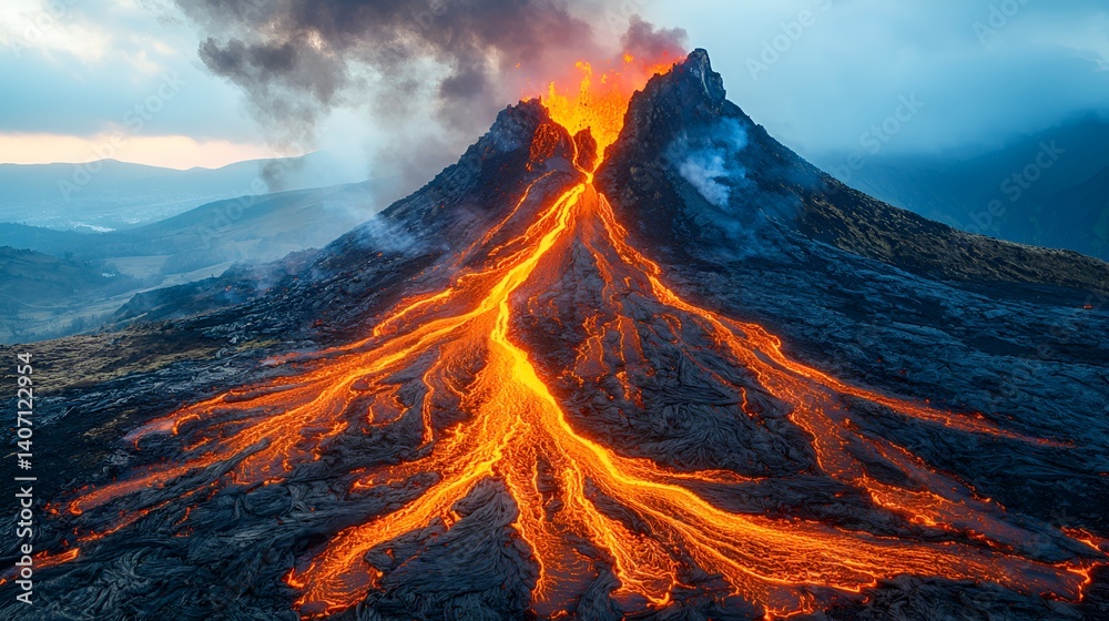 Erupting Volcano, Lava Flowing Down Mountainside Erupting Volcano, Lava Flowing Down Mountainside