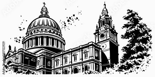 Architectural black and white ink drawing of cathedral dome and clock tower with artistic flair and dramatic shading