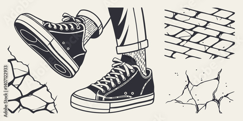 Stylized urban sneaker art with cracked pavement and graffiti-style linework, celebrating individuality and youth